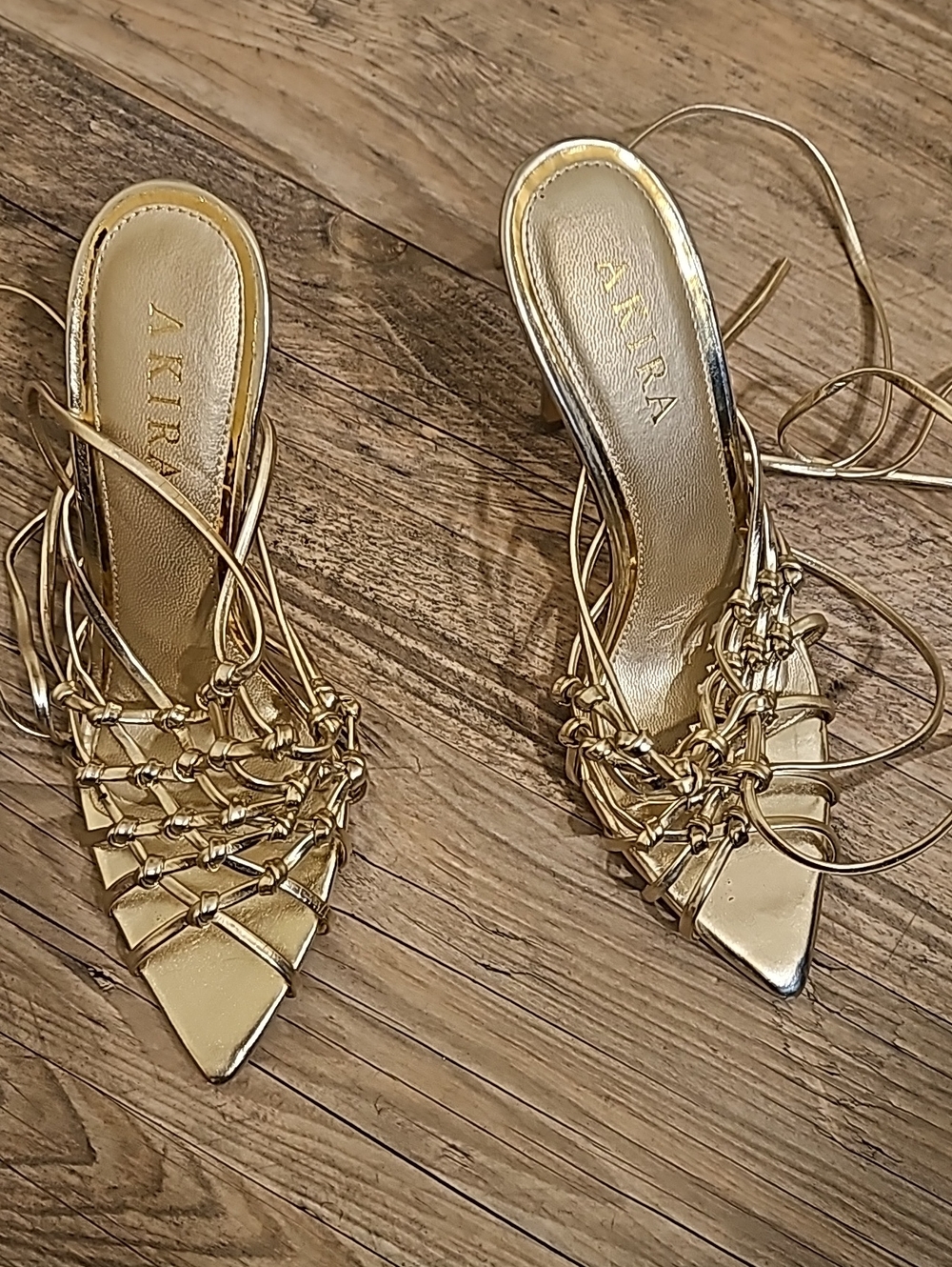 AKIRA Metallic Gold Strappy Pointed Lace-Up Heels